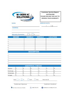 Customer Service Report Sheet for Modern AC Solutions